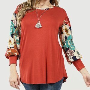 Reddish Rust Tunic with Flower Print Sleeves 4X
